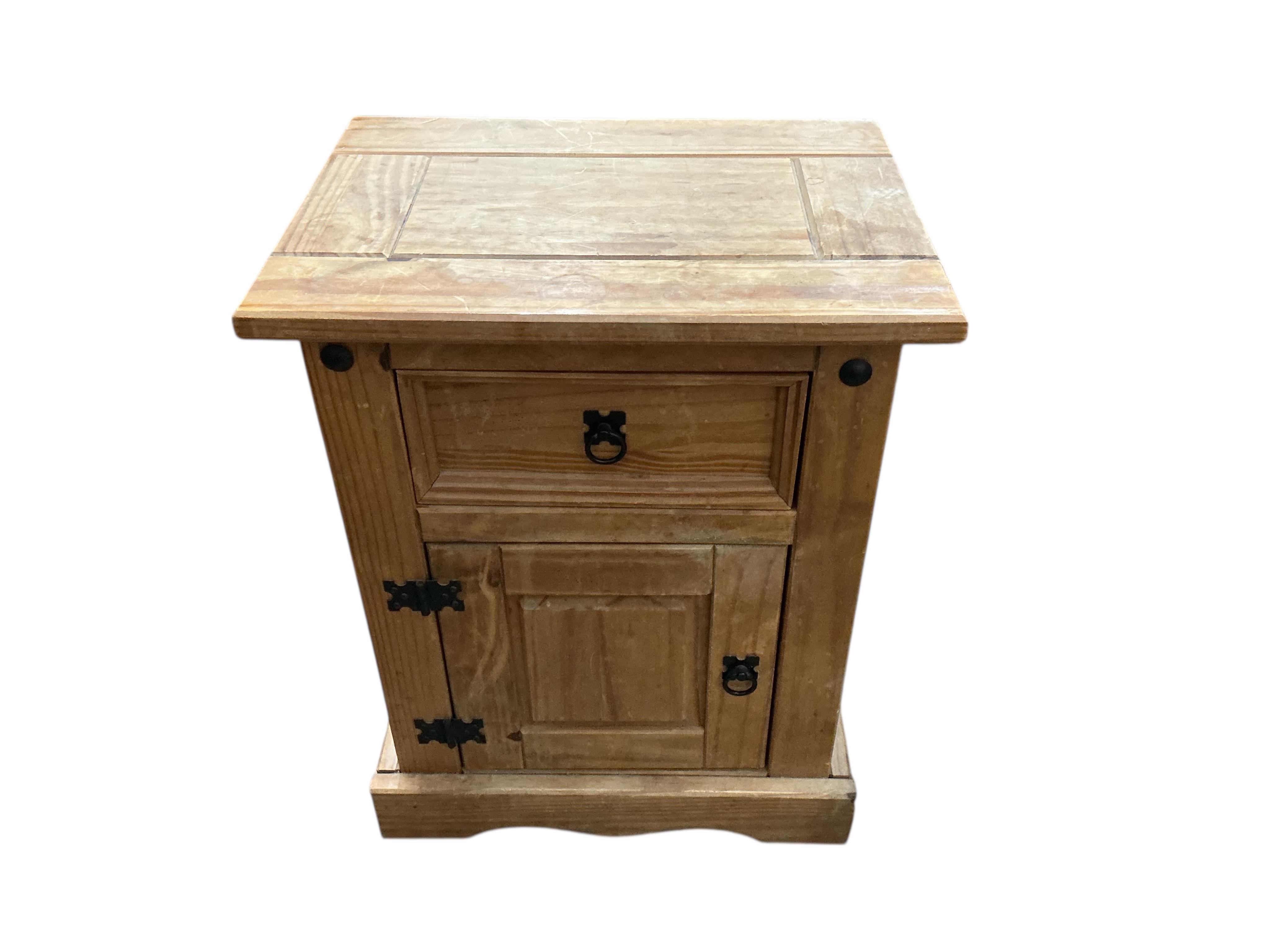 A small Victorian style pine chest, width 85cm, depth 42cm, height 76cm together with two pine bedside cabinets